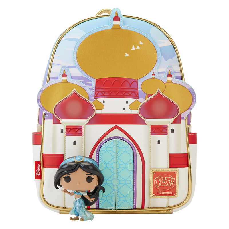 Backpack with a design of the Sultan's palace from Disney's Aladdin with a diamond Pop! Jasmine standing in front of the bag.